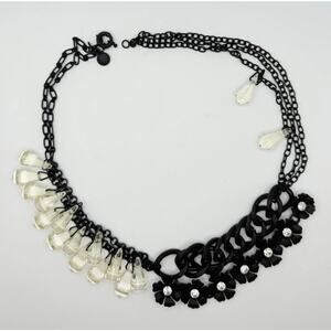 J.Crew Matte Black Statement Necklace Clear Drops Flowers 25.5”